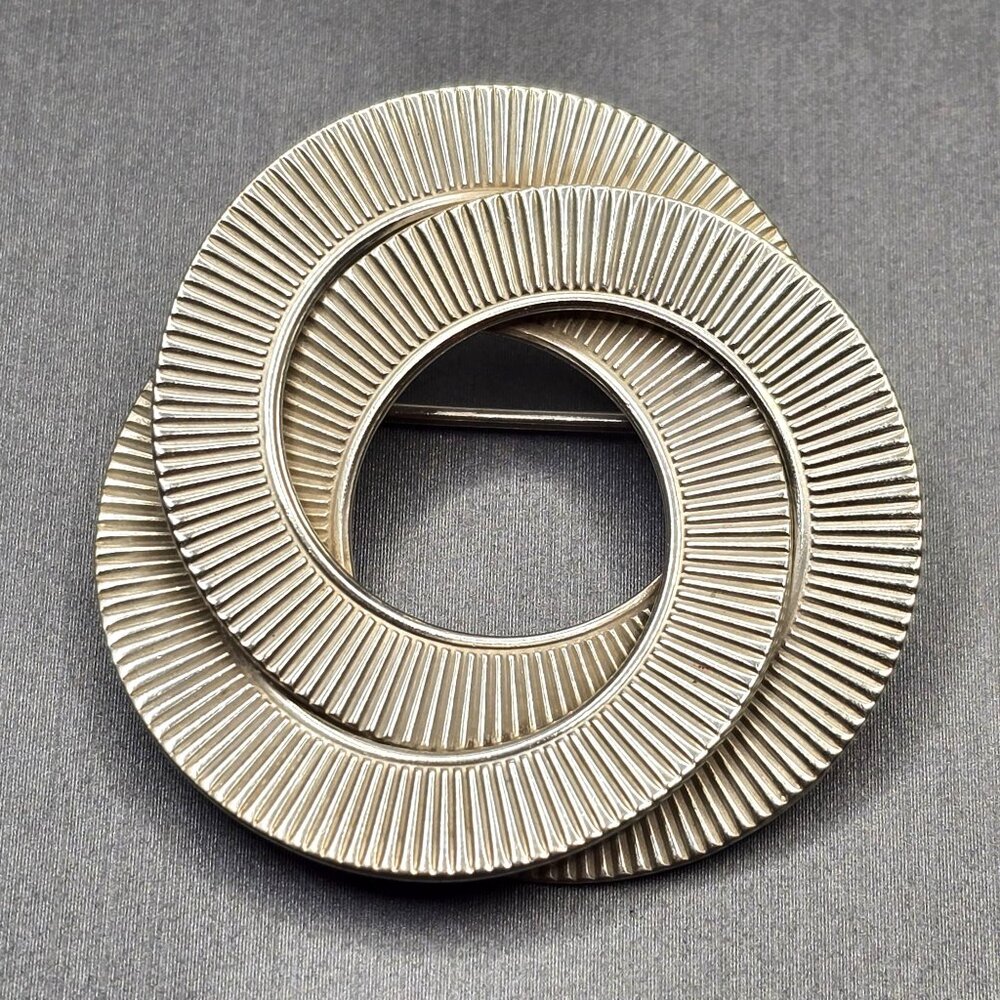 VTG Jewel Art Sterling Silver Double Circle Brooch 1.5" Ribbed Accents 12.93g - Picture 1 of 5
